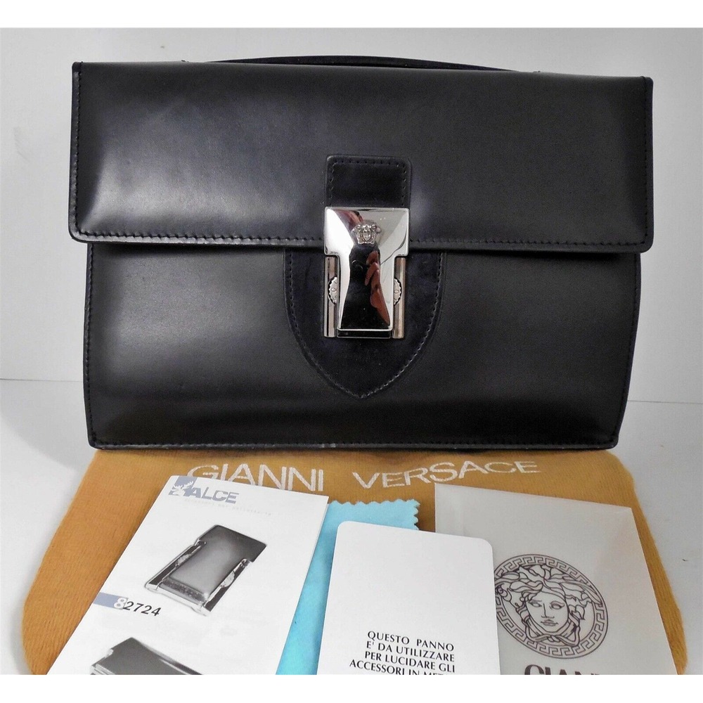 Versace Black Leather Medusa‎ Organizer Clutch Combination Lock Medium Bag Italy
